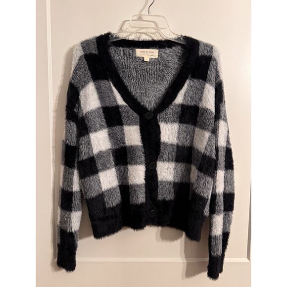cloth & stone Sweaters - Cloth & Stone Fuzzy Cozy Cardigan Sz S Black-White Check Preppy Dark Academia